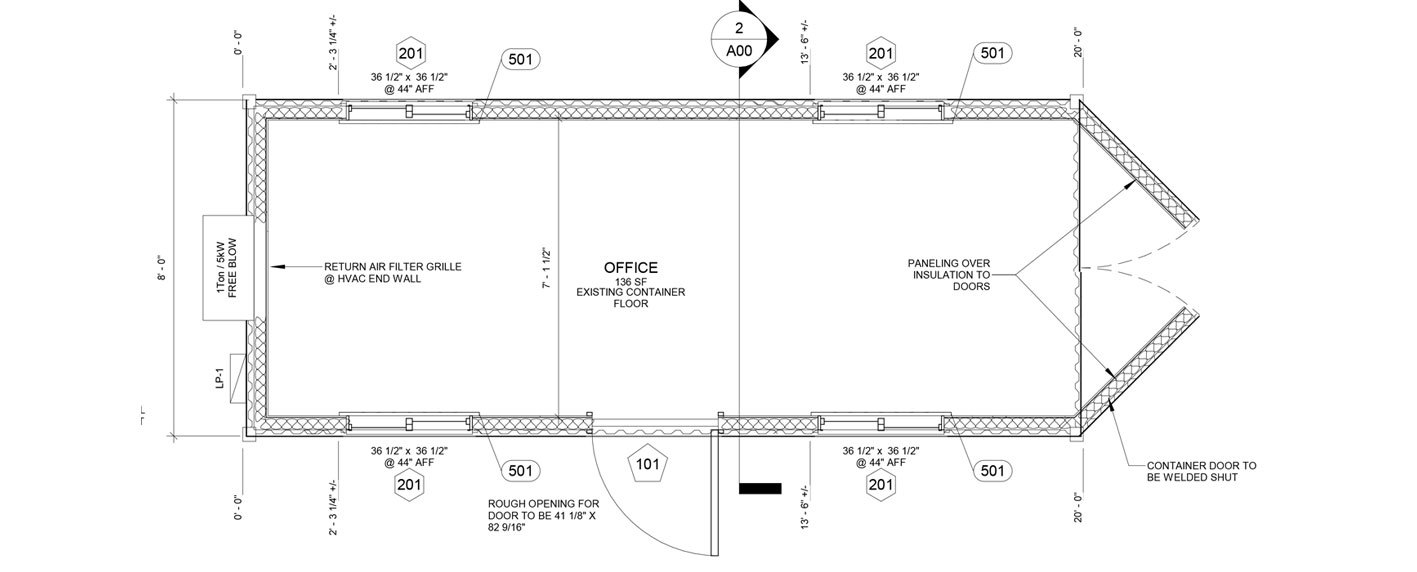 Floor plan for a 20-foot container office showing access, lighting, outlets and HVAC placement
